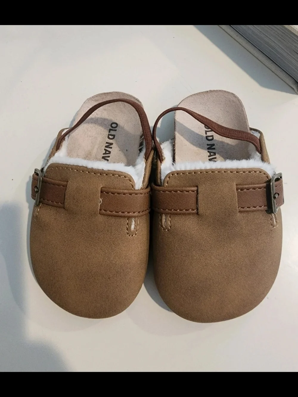 Old Navy Brown Faux-Suede Kids Slip-On Clogs with Buckle and Faux Fur Trim